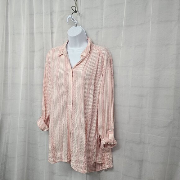 Jane + Delancey Pink White Striped Roll Tab Hi-low Blouse Beach Summer M - Picture 7 of 13